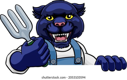A panther gardener cartoon gardening animal mascot holding a garden fork tool peeking round a sign