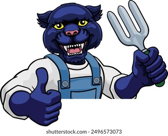 A panther gardener cartoon gardening animal mascot holding a garden fork tool peeking round a sign and giving a thumbs up