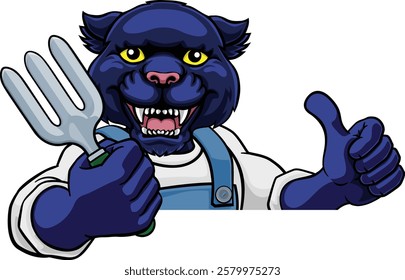 A panther gardener cartoon gardening animal mascot holding a garden fork tool peeking round a sign and giving a thumbs up