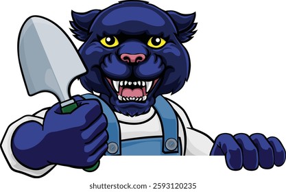 A panther gardener cartoon gardening animal mascot holding a garden spade tool peeking round a sign