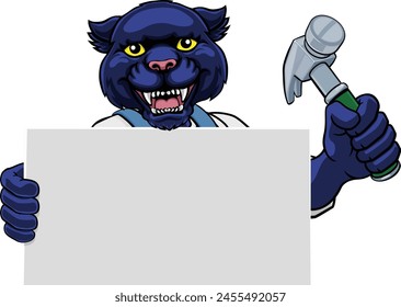 A panther handyman or carpenter cartoon construction man mascot character holding a hammer tool