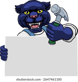 A panther handyman or carpenter cartoon construction man mascot character holding a hammer tool