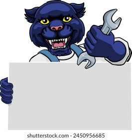 A panther handyman, mechanic, plumber or other construction cartoon mascot man holding a wrench or spanner tool.