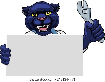 A panther handyman, mechanic, plumber or other construction cartoon mascot man holding a wrench or spanner tool.