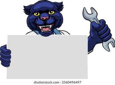 A panther handyman, mechanic, plumber or other construction cartoon mascot man holding a wrench or spanner tool.