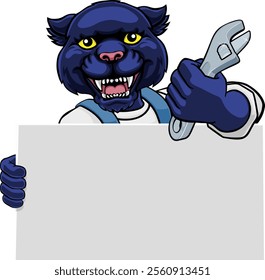 A panther handyman, mechanic, plumber or other construction cartoon mascot man holding a wrench or spanner tool.