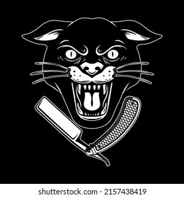 Panther head with barber razor. Design element for logo, label, sign, emblem. Vector illustration