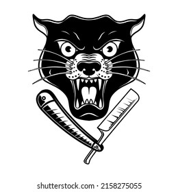 Panther head with barber razor. Design element for logo, label, sign, emblem. Vector illustration