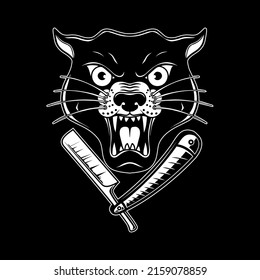 Panther head with barber razor. Design element for logo, label, sign, emblem. Vector illustration