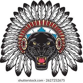 Panther Head with Native American Indian Chief Headdress. Vector Illustration.