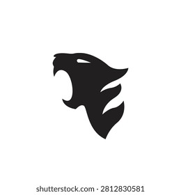 Panther head silhouette roars with an aggressive expression in this minimalist black graphic design.