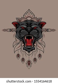 Panther head with strong teeth and mandala pattern as graphic resource for apparel, t-shirt, outerwear, And other merchandise