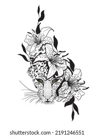 Panther heads in lily flowers. Pencil drawing in a minimalist style, suitable for tattoos, interior decoration, paintings, logo, printing on textiles and t-shirts. Predator.