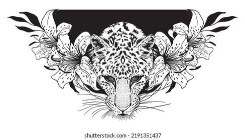 Panther heads in lily flowers. Pencil drawing in a minimalist style, suitable for tattoos, interior decoration, paintings, logo, printing on textiles and t-shirts. Predator. svg