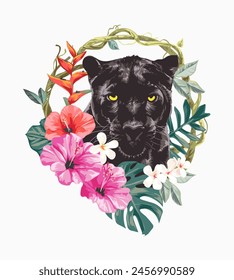 panther in hibiscus flowers and green vine frame hand drawn vector illustration