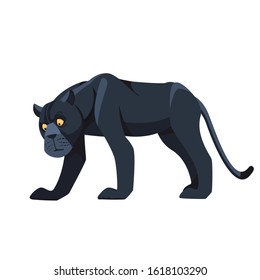 Panther hides in an ambush, chasing its prey. Cartoon style flat vector illustration isolated on white background.