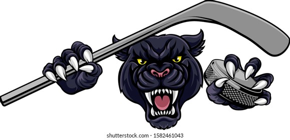 A panther ice hockey player animal sports mascot holding hockey stick   puck