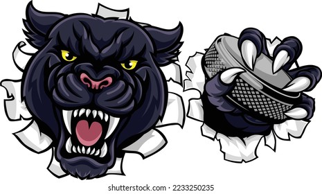 A panther ice hockey player animal sports mascot holding a puck