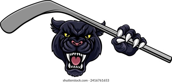 A panther ice hockey player animal sports mascot holding a hockey stick