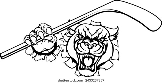 A panther ice hockey player animal sports mascot holding a hockey stick
