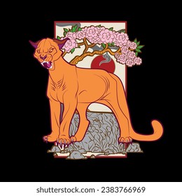 panther illustration design for sukajan is mean japan traditional cloth or t-shirt with digital hand drawn Embroidery Men T-shirts Summer Casual Short Sleeve Hip Hop T Shirt Streetwear