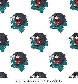 panther illustration traditional tattoo flash seamless doodle pattern