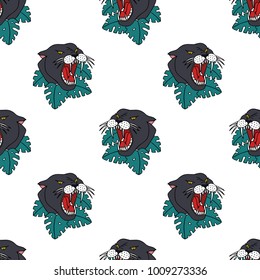 panther illustration traditional tattoo flash seamless doodle pattern