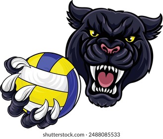 A panther jaguar leopard volleyball animal sports mascot holding a volley ball in his claw