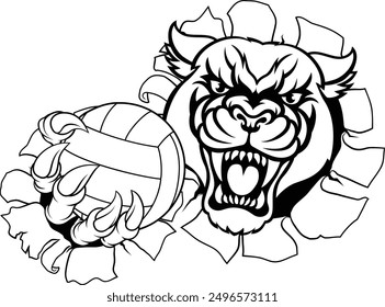 A panther jaguar leopard volleyball animal sports mascot holding a volley ball in his claw