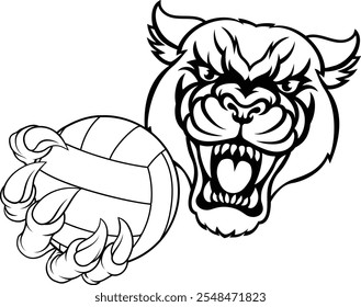 A panther jaguar leopard volleyball animal sports mascot holding a volley ball in his claw