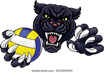 A panther jaguar leopard volleyball animal sports mascot holding a volley ball in his claw