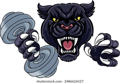 A panther jaguar leopard weight lifting gym animal sports mascot holding a dumbbell weight in his claw