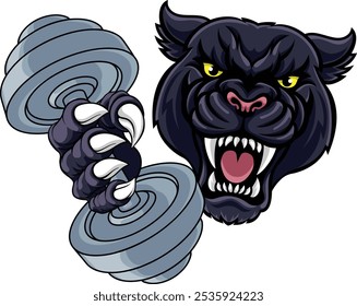 A panther jaguar leopard weight lifting gym animal sports mascot holding a dumbbell weight in his claw