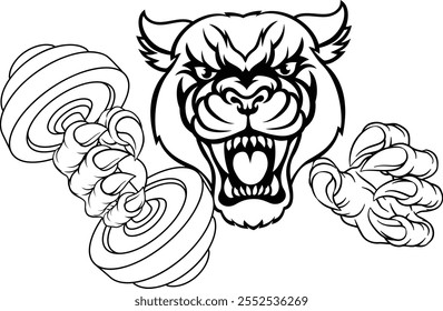 A panther jaguar leopard weight lifting gym animal sports mascot holding a dumbbell weight in his claw