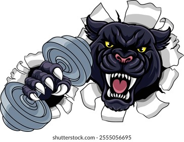 A panther jaguar leopard weight lifting gym animal sports mascot holding a dumbbell weight in his claw