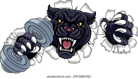 A panther jaguar leopard weight lifting gym animal sports mascot holding a dumbbell weight in his claw