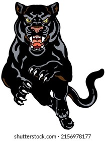 Panther Jump In The Front View. Angry Roaring Black Leopard. Front View. Isolated Tattoo Style Vector Illustration