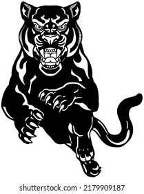 Panther Jump In The Front View. Angry Roaring Black Leopard. Front View. Isolated Tattoo Style Vector Illustration