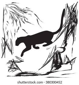Panther jumping off a cliff abstract black and white vector illustration
