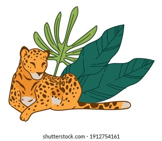 Pantera tendida por amplias hojas de plantas florales, mamífero aislado con manchas de piel. La jungla o la sabana, hábitat africano del gato salvaje felino. Bosque exótico o selva tropical. Vector de estilo plano