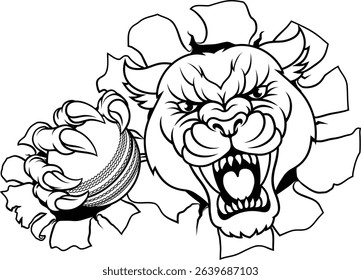 A panther, leopard or cougar wildcat cat jaguar cricket sports mascot holding a ball