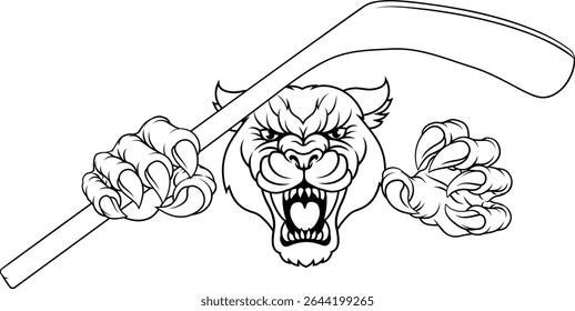 A panther, leopard or cougar wildcat cat jaguar ice hockey sports mascot holding a hockey stick