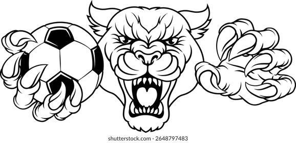 Uma pantera, leopardo ou onça gato selvagem jaguar futebol futebol mascote esportes segurando uma bola