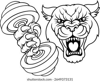 A panther, leopard or cougar wildcat cat jaguar weight lifting dumbbell gym sports mascot 
