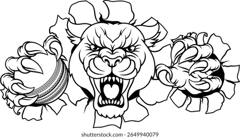 A panther, leopard or cougar wildcat cat jaguar cricket sports mascot holding a ball