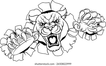 A panther, leopard or cougar wildcat cat jaguar ice hockey sports mascot holding a hockey puck