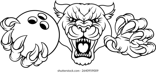 A panther, leopard or cougar wildcat jaguar cat bowling sports team mascot holding a ball
