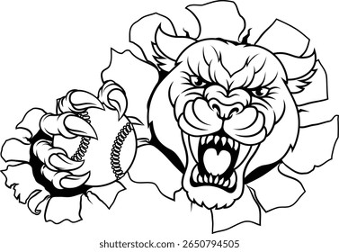 A panther, leopard or cougar wildcat jaguar cat baseball softball team mascot holding a ball