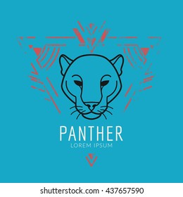 Panther linear head logo in tribal frame..Vector colorful illustration in flat style with grunge texture