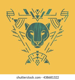 Panther linear head in tribal frame.Vector colorful illustration in flat style with grunge texture